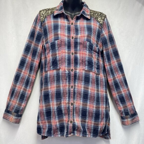 Free People Little Bit of Sugar Plaid Flannel Button-Up Shirt Women Medium Red - Picture 1 of 16